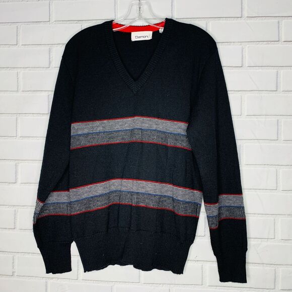 vintage 90s all wool sweater V neck stripes black red Damon size medium men - Picture 1 of 7